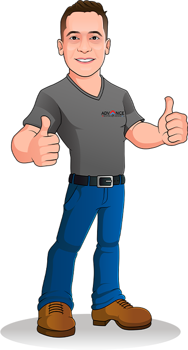 Advance Heating and Cooling Inc. insured and experienced technician mascot assisting with HVAC installation
